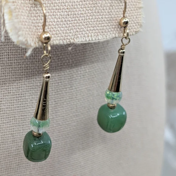 Vintage Handmade Green Glass Dangle Earrings | Boho Drop Style | Lightweight - Picture 5 of 14